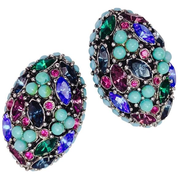 VTG Signed Joan Rivers Jewel Tone Pave Bold Clip On Earrings Vibrant Colorful - Picture 1 of 11